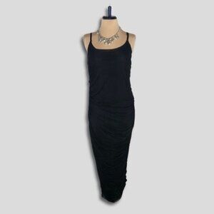 Y2K Bodycon Chiffon Midi Dress Ruched Low Back Black Size L/XL